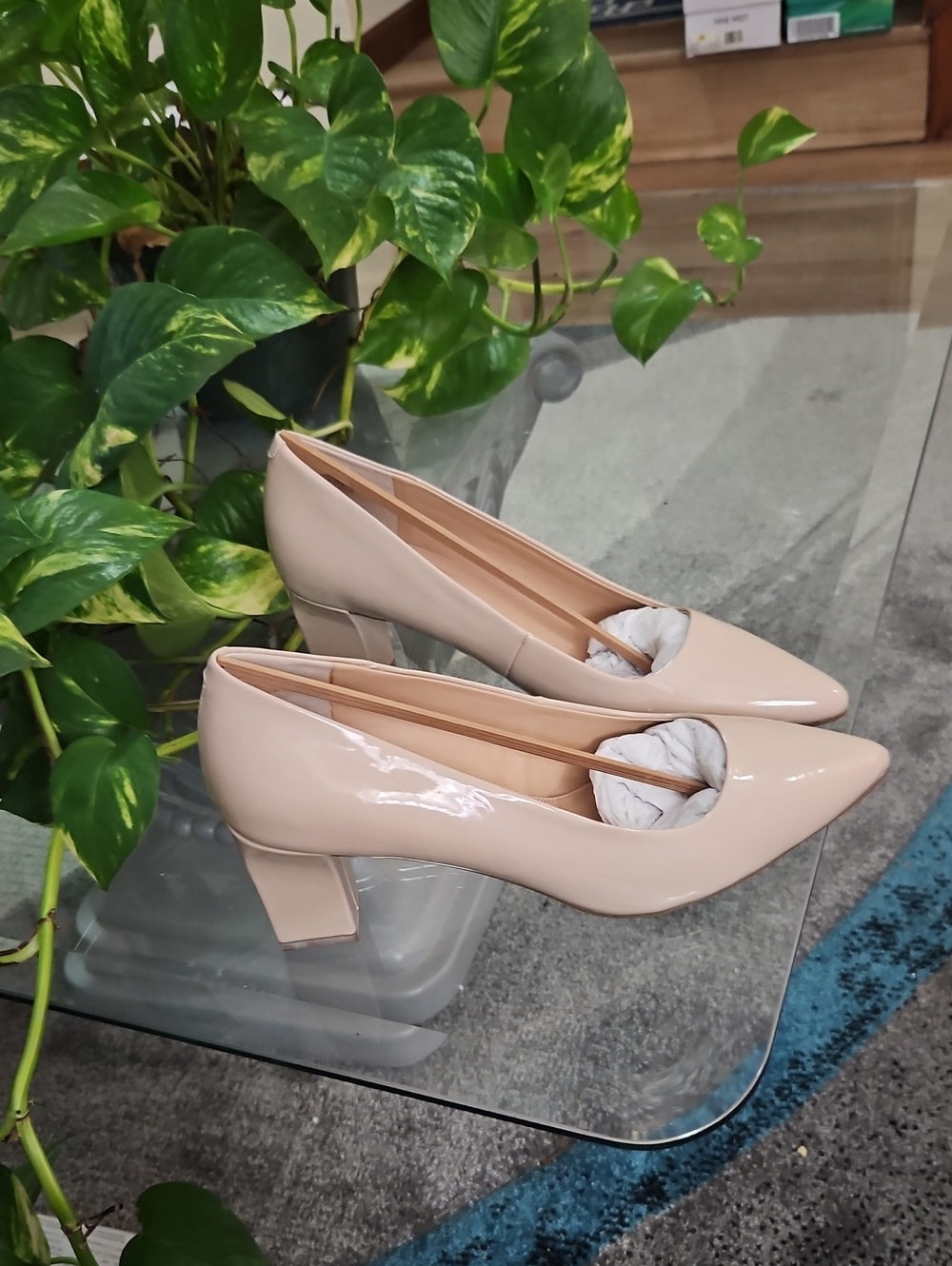 Franco Sarto Nude Patent Pointed Toe Block Heels
